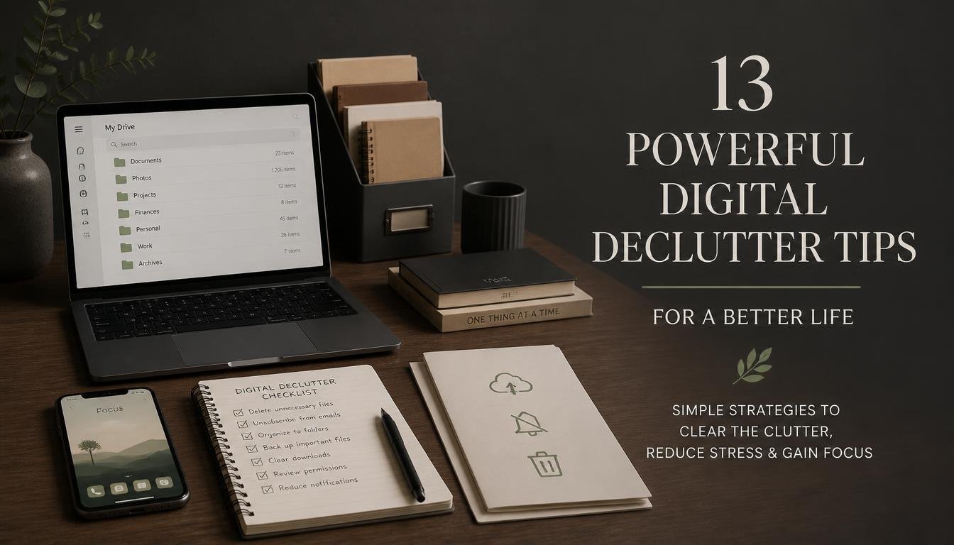 digital declutter workspace with laptop, smartphone, and organization checklist