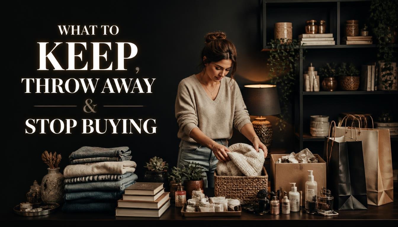 Woman deciding what to keep, throw away and stop buying