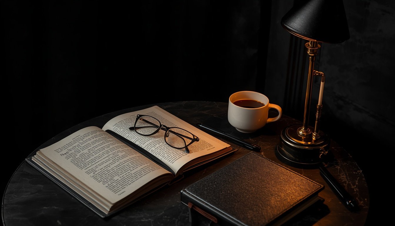 Dark editorial reading space with an open book, glasses, coffee cup and warm table lamp
